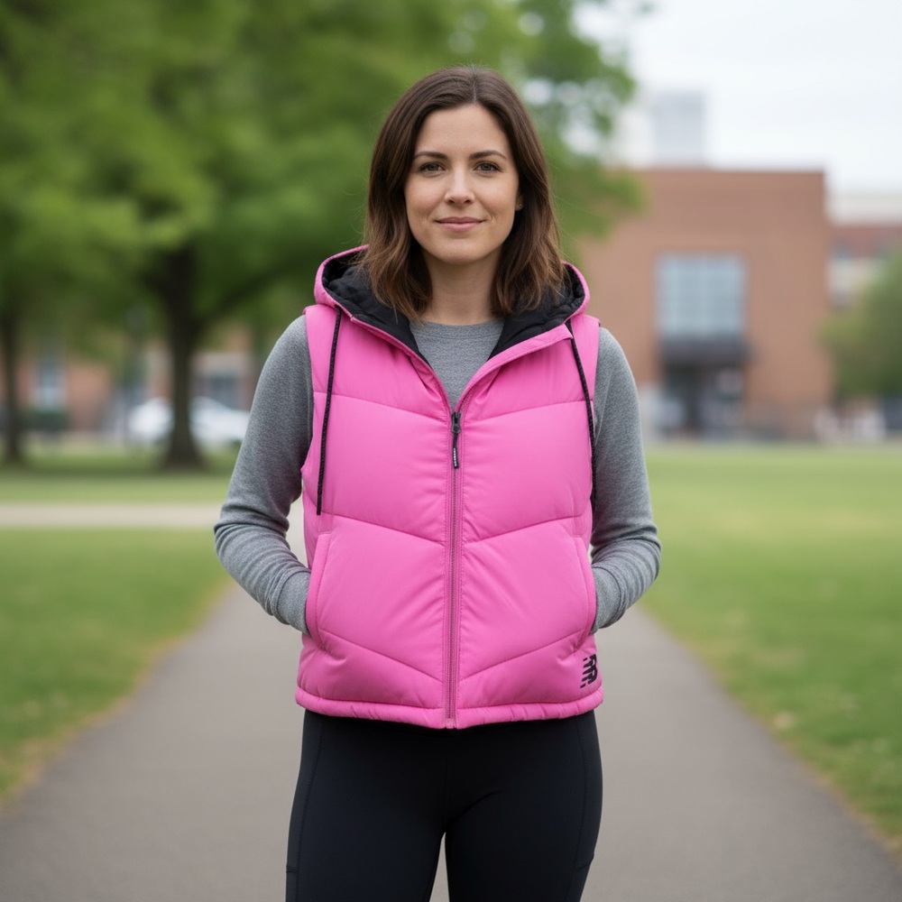 New Balance Ladies Pink Hooded Vest black fleece lining med NWOT